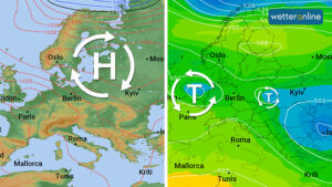 In der Bodenwetterkarte (links) scheint ein Hoch das Wetter in Europa zu bestimmen. Gleichzeitig wabern zwei Kaltlufttropfen (rechts) über Mitteleuropa.